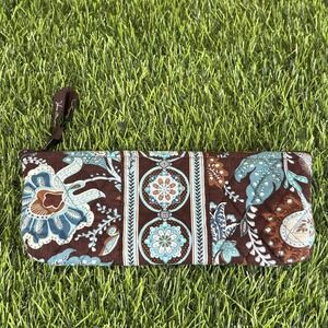 Vera Bradley Quilted Cosmetic Zip Pouch Brown Blue Floral Cotton